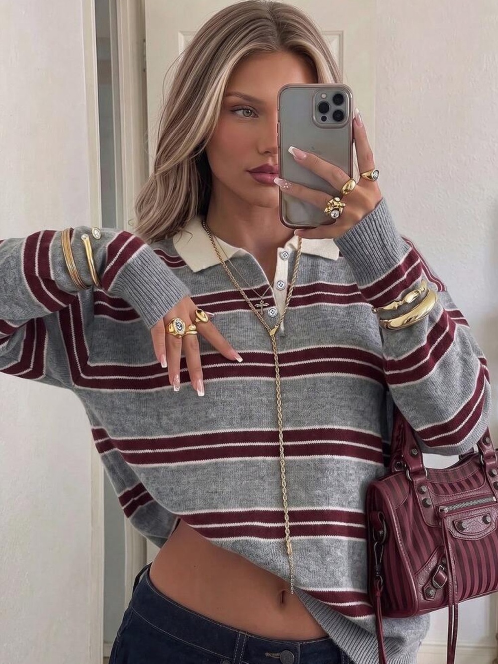 Women's Loose Oversized Striped Collared Casual Knit Pullover, American College